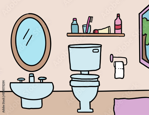 Cute hand drawn vector illustrations of toilet with flush toilet, sink, mirror, toothbrush and toothpaste, bottles of shampoo and soap, mat, window for house, interior, room, home, background, print