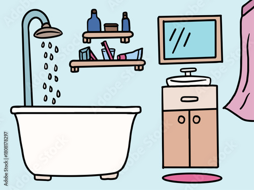 Cute hand drawn vector illustrations of bathroom with bathtub, shower, cabinet, sink, mirror, toothbrush and toothpaste, bottles of shampoo and soap, mat for house, interior, room, home, background