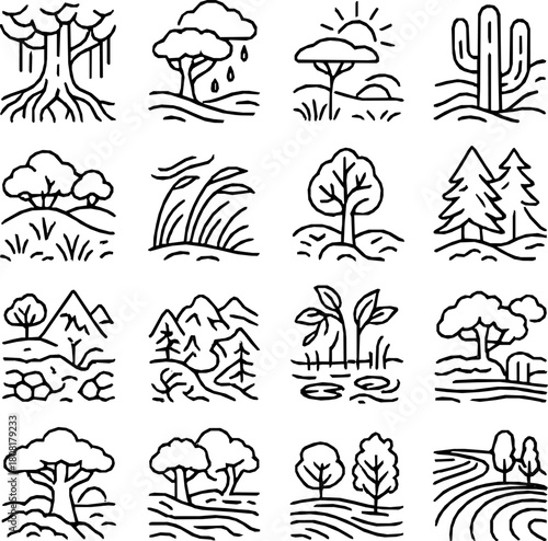 Biome Atlas — 16 Monoline Vegetation Map Icons