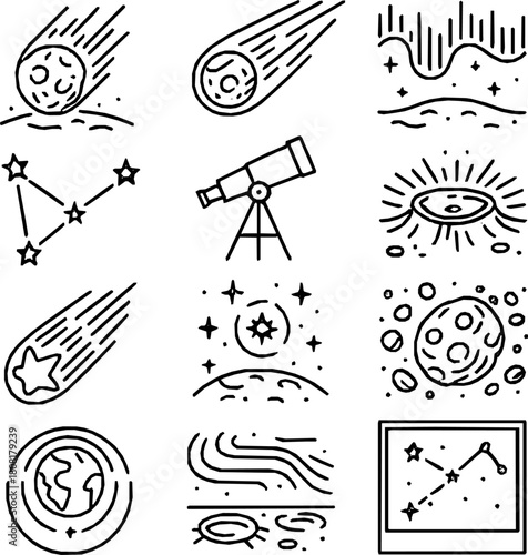 Celestial Impacts — 16 Vector Icons of Meteors, Comets, and Auroras