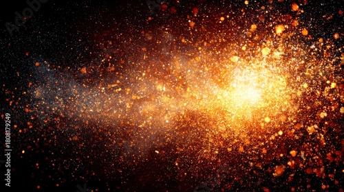 Brilliant explosion of orange and gold particles radiates across a dark background.