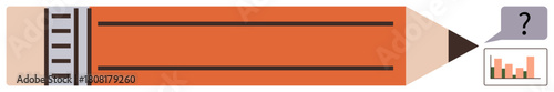 Horizontal orange pencil with black tip, speech bubble hovering with bar chart and question mark. Ideal for creativity, analytics, learning, problem-solving, education, decision-making, innovation