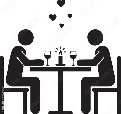 Stick figures having a romantic dinner with candle