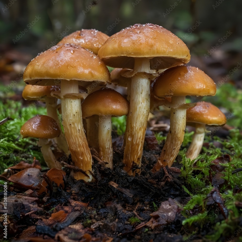 Fototapeta premium Enchanting honey mushrooms glistening with dew drops, a stunning autumn harvest scene perfect for nature lovers and culinary enthusiasts to enjoy