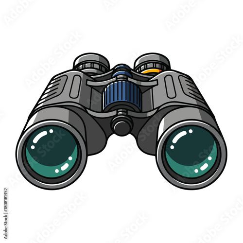 Binoculars Illustration Cartoon Style, Teal Lenses, Isolated White