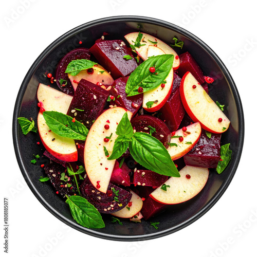Vibrant beet and apple salad on a dark board, a healthy and colorful side dish or vegan meal, isolated on white background