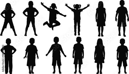 Children Silhouettes Set in Various Poses, Including Jumping and Standing, Representing Childhood, Joy, Fun, Playful Activities, Kids Education, and Family Life Vector