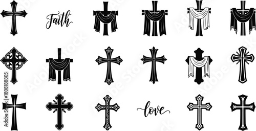 Christian Cross Silhouette Vector Set, Featuring Various Religious Symbols, Cloth Drapes, and Hand-Lettered 'Faith' and 'Love' for Spiritual Design