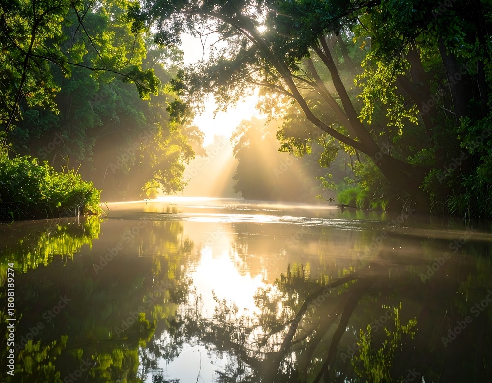 Fototapeta premium Sun rays stream through trees and reflect on a calm river