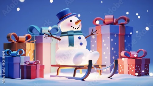 Charming Snowman with Gift Boxes and Sled in Snowy Landscape, Festive Winter Holiday Celebration