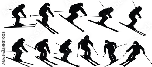 Collection of speed skiing silhouettes, professional alpine skiers going downhill on snow slope, winter extreme sport athletes, action set illustration, recreational activity.