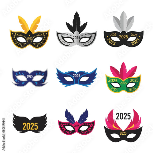 Collection of Festive Masquerade Masks for New Year 2025 Celebration.