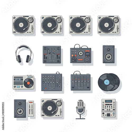 Collection of DJ Equipment: Turntables Mixers Headphones and Speakers.