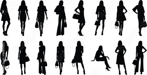Set of fashion women silhouettes, female models holding handbags and purses, standing and posing in stylish outfits, vector illustration isolated on white background.
