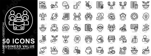Businss Value black outline icons set. contain accountability, ambition, apreciation, creativity, discipline, loyalty and more. Vector for modern concept, print, UI, UX kit, web and app development.