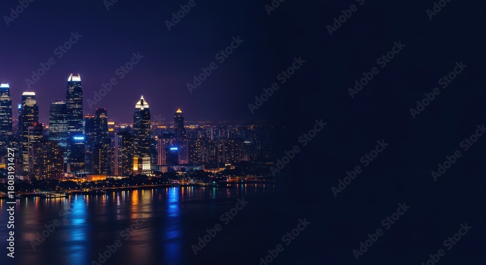 Obraz premium Nighttime urban landscape with illuminated skyline and water reflection