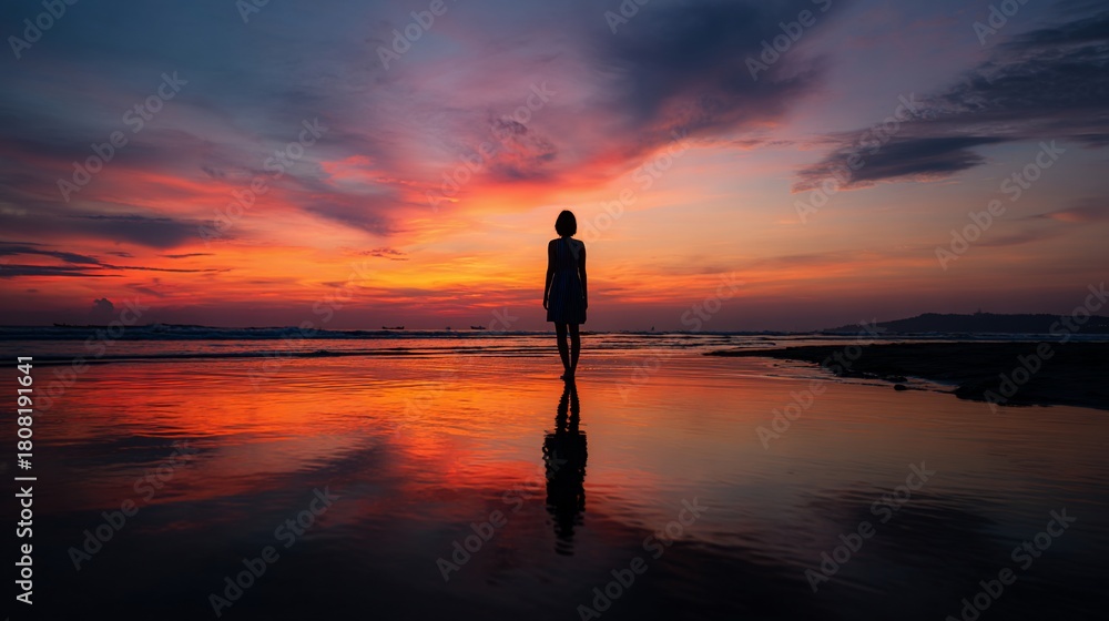Fototapeta premium Woman walking alone on wet beach at sunset, dramatic colorful sky, for serenity