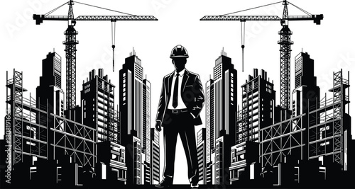 Construction engineer silhouette standing confidently in hard hat, modern city skyline background with skyscrapers and cranes, urban development and architectural industry.