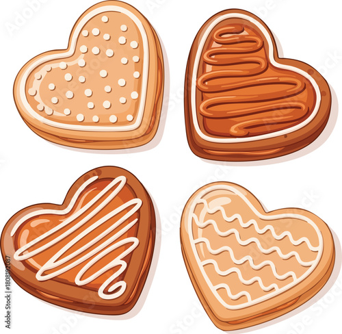 Four heart-shaped cookies with various icing designs on top, against a clean white background, showcasing sweet treats in a flat lay composition with warm, appetizing tones.