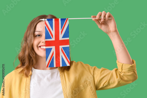Young woman with UK flag on...