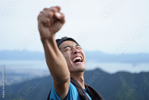 Triumphant male hiker raises fist in exultation on a mountain peak