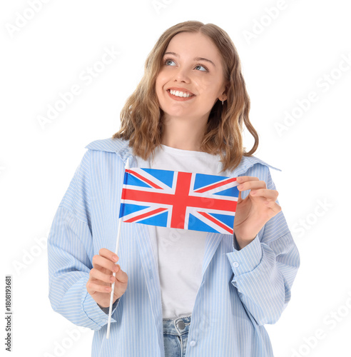 Young woman with UK flag on...