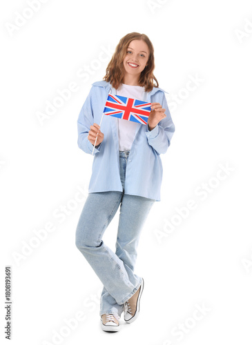 Young woman with UK flag on...
