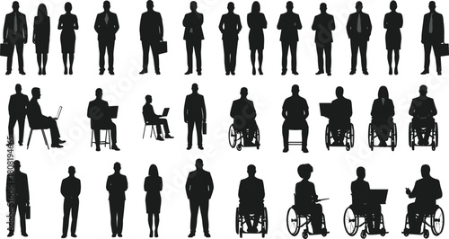Diverse Business People Silhouettes Vector Set; Including Professionals, Executives, and Employees in Wheelchairs for Corporate, Inclusion, and Office Design
