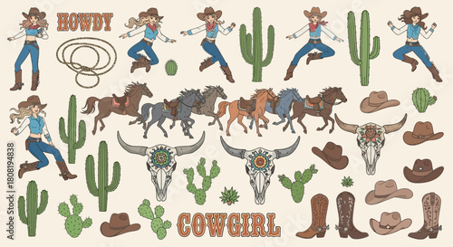 Hand-drawn cowgirl elements design featuring women, horses, and western symbols