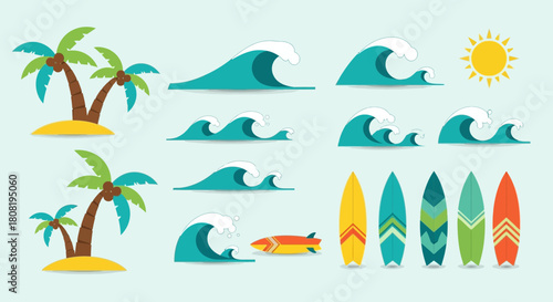 Vibrant tropical summer beach scene with palm trees, waves, surfboards and sun icon