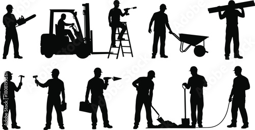 Diverse Construction Worker Silhouettes Vector Set; Featuring Forklift Driver, Builder, Handyman, and Laborer Icons with Tools for Industry Design