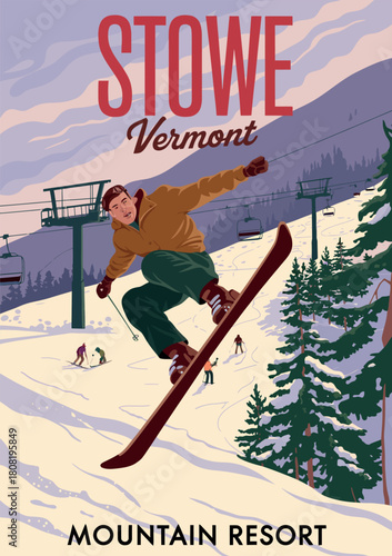 Vintage travel poster ski Stowe resort America winter landscape travel card illustration