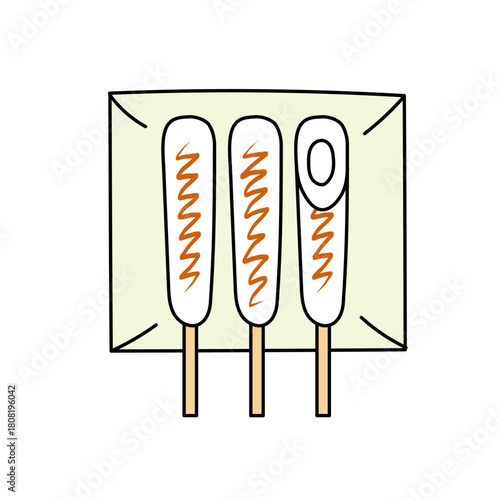 皿に三本のきりたんぽを並べた郷土料理のイラストをやさしい線で表現したデザイン｜秋田名物の素朴な米料理を素材として使いやすい形で描いた食品モチーフ