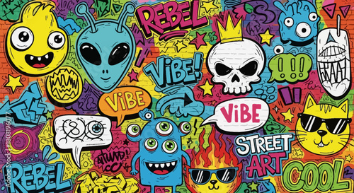 Vibrant graffiti art featuring cartoon monsters and urban vibes on a brick wall