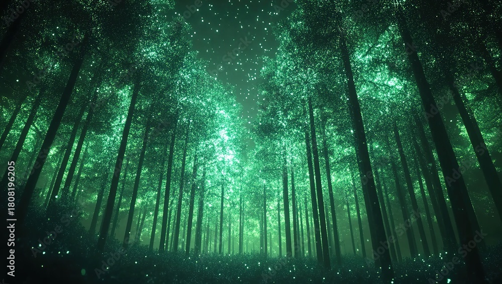 Obraz premium A magical forest with glowing green trees and twinkling lights, creating an enchanting background for product presentation animation.