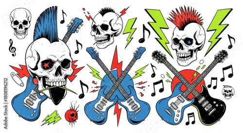 Illustrations of Punk Rock Skulls, Guitars, Musical Notes, and Lightning Bolts