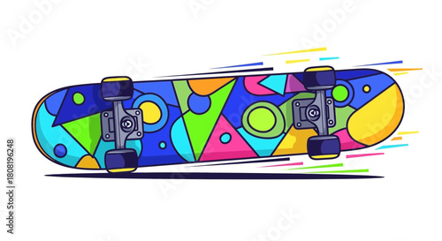 Vibrant Skateboard Illustration with Geometric Designs, Perfect for Skateboarding Enthusiasts