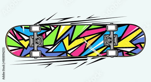 Colorful and dynamic skateboard with geometric pattern for extreme sports and design