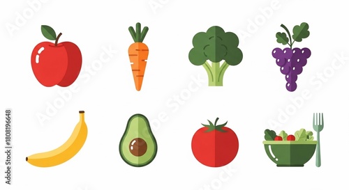 A vibrant collection of fresh fruits and vegetables, including apple, carrot, broccoli, grapes, banana, avocado, tomato, and a salad bowl, depicted in a flat design style.