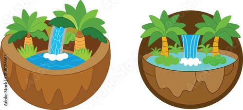 Mini jungle scene inside a half coconut shell with water, featuring tiny tropical plants, moss, and miniature wildlife in a creative, eco-inspired terrarium concept, perfect for nature and miniature a