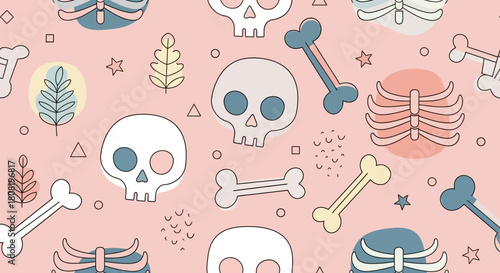 Pastel Pattern with Skeletons, Ribcages and Bones Spooky Aesthetic