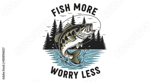 Vintage fishing design featuring a bass jumping out of the water, with trees