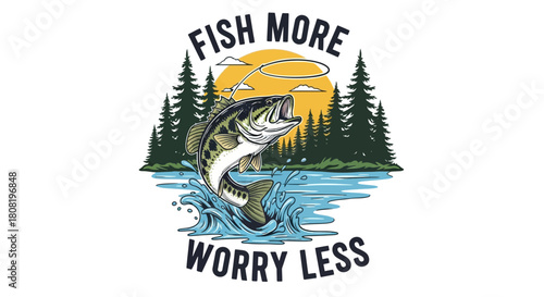 Vintage fishing design featuring jumping fish with forest background and motivation phrase