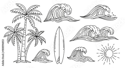 Line art collection of tropical beach scene with palm trees waves and surfboard