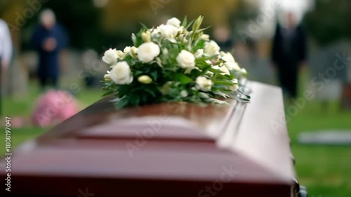 Wooden coffin adorned with white flowers at outdoor funeral service reflecting solemn remembrance and farewell