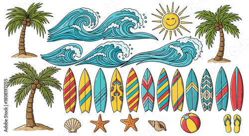 Colorful summer beach elements illustration featuring palms, surfboards, waves and sun