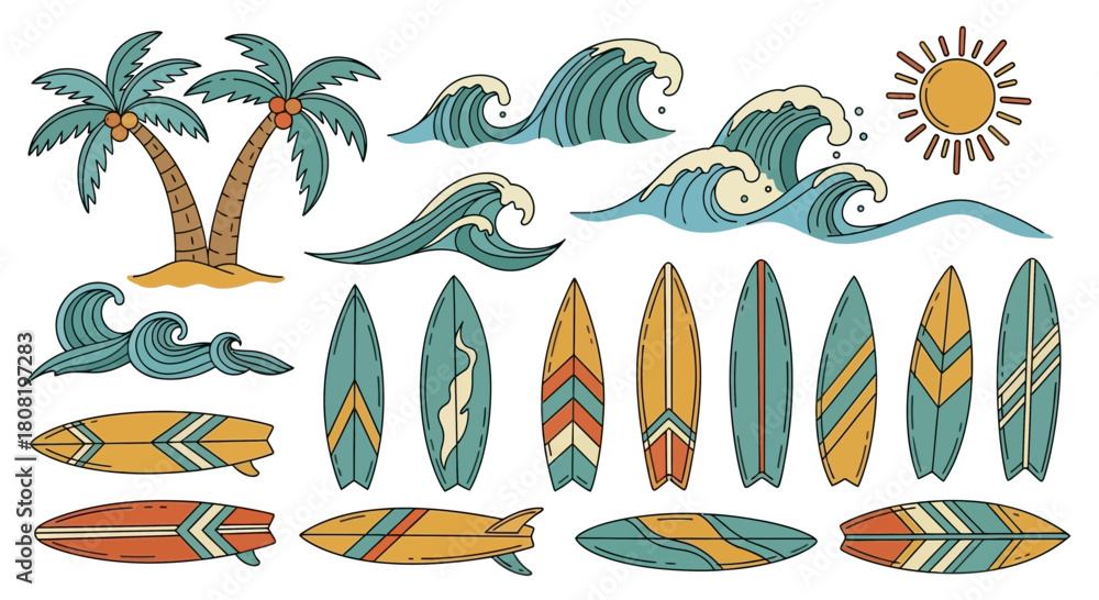 Fototapeta premium Vibrant Summer Beach Vibes Illustration with Surfboards Palms and Retro Style Waves