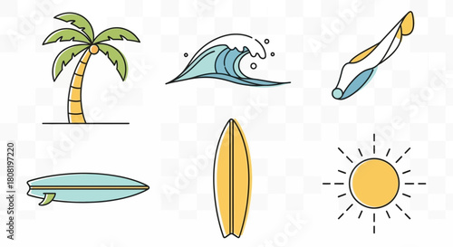 Summer vacation with surfing elements: Palm tree, surfboard, wave and sun illustration
