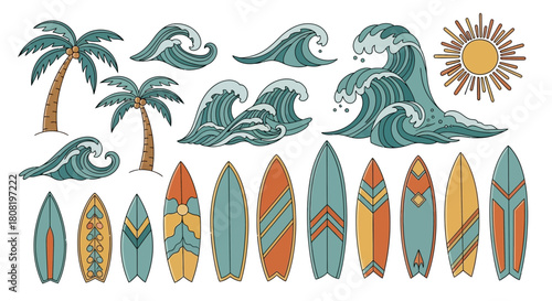 Vibrant summer surf vibes: Vector set with palm trees, waves and surfboards illustration