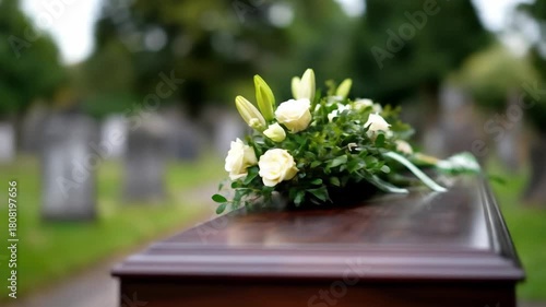 Funeral flower arrangement on coffin with white roses and green foliage in outdoor memorial setting
